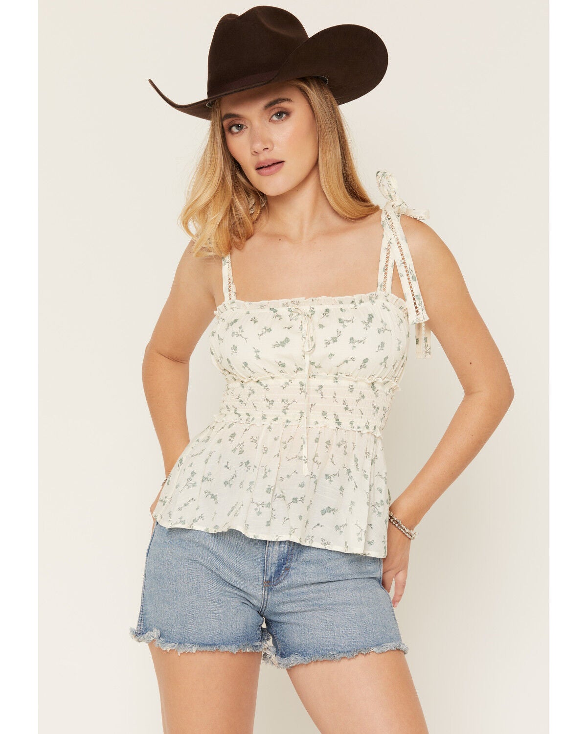 Ash & Violet Women's Floral Print Sleeveless Bow Strap Top, Ivory, hi-res