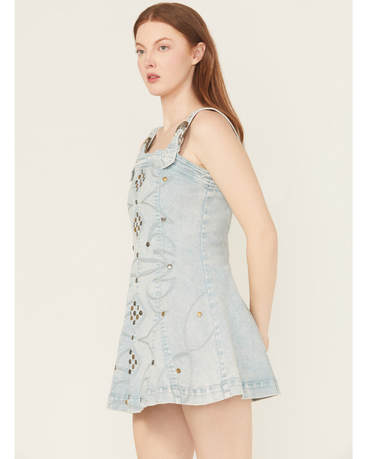 Image #2 - Blue B Women's Light Wash Embellished Buckle Strap Denim Mini Dress, Light Wash, hi-res