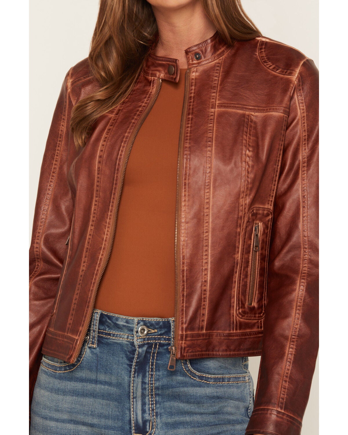 Image #3 - 26 International Women's Faux Leather Jacket, Brown, hi-res