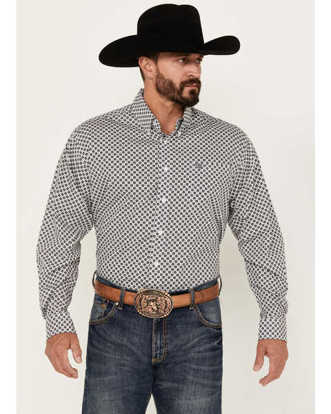 Cinch Men's Star Geo Print Long Sleeve Button-Down Western Shirt, White, hi-res