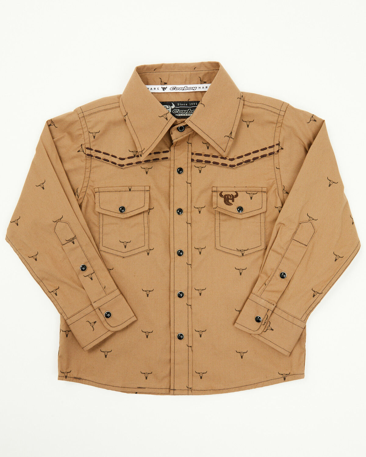 Image #1 - Cowboy Hardware Toddler Boys' Steerhead Long Sleeve Snap Western Shirt, Brown, hi-res