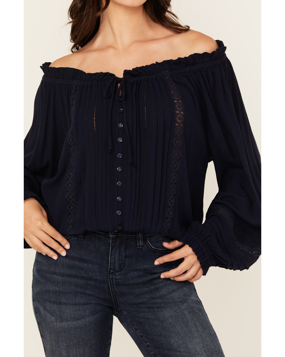 Image #3 - Wild Moss Women's Lace Detail Peasant Top, Navy, hi-res