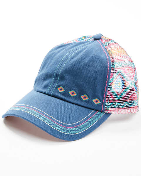 Catchfly Women's Southwestern Print Ponytail Ball Cap , Blue, hi-res