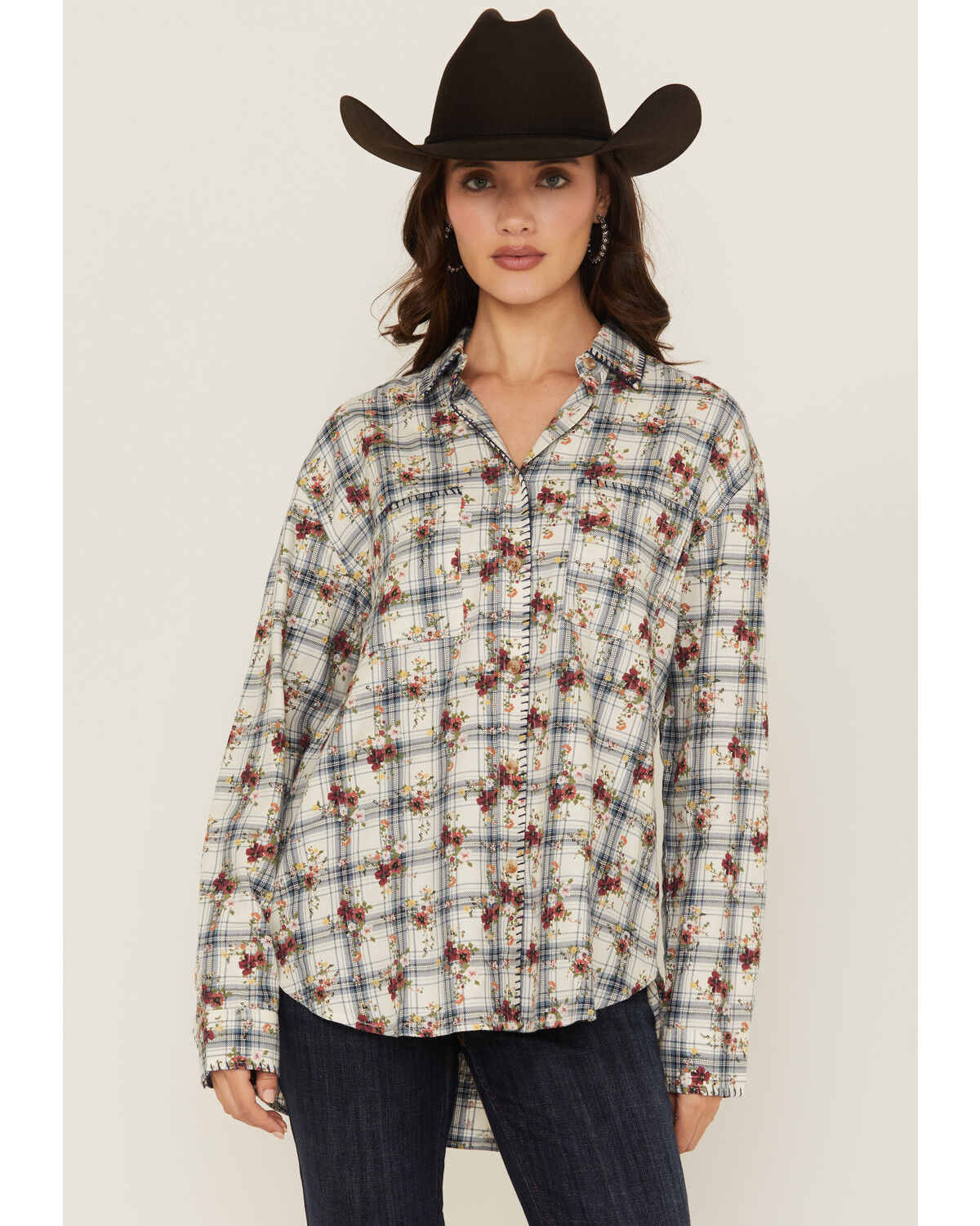 Image #1 - Evergreen Women's Floral Plaid Print Long Sleeve Button-Down Western Shirt, White, hi-res