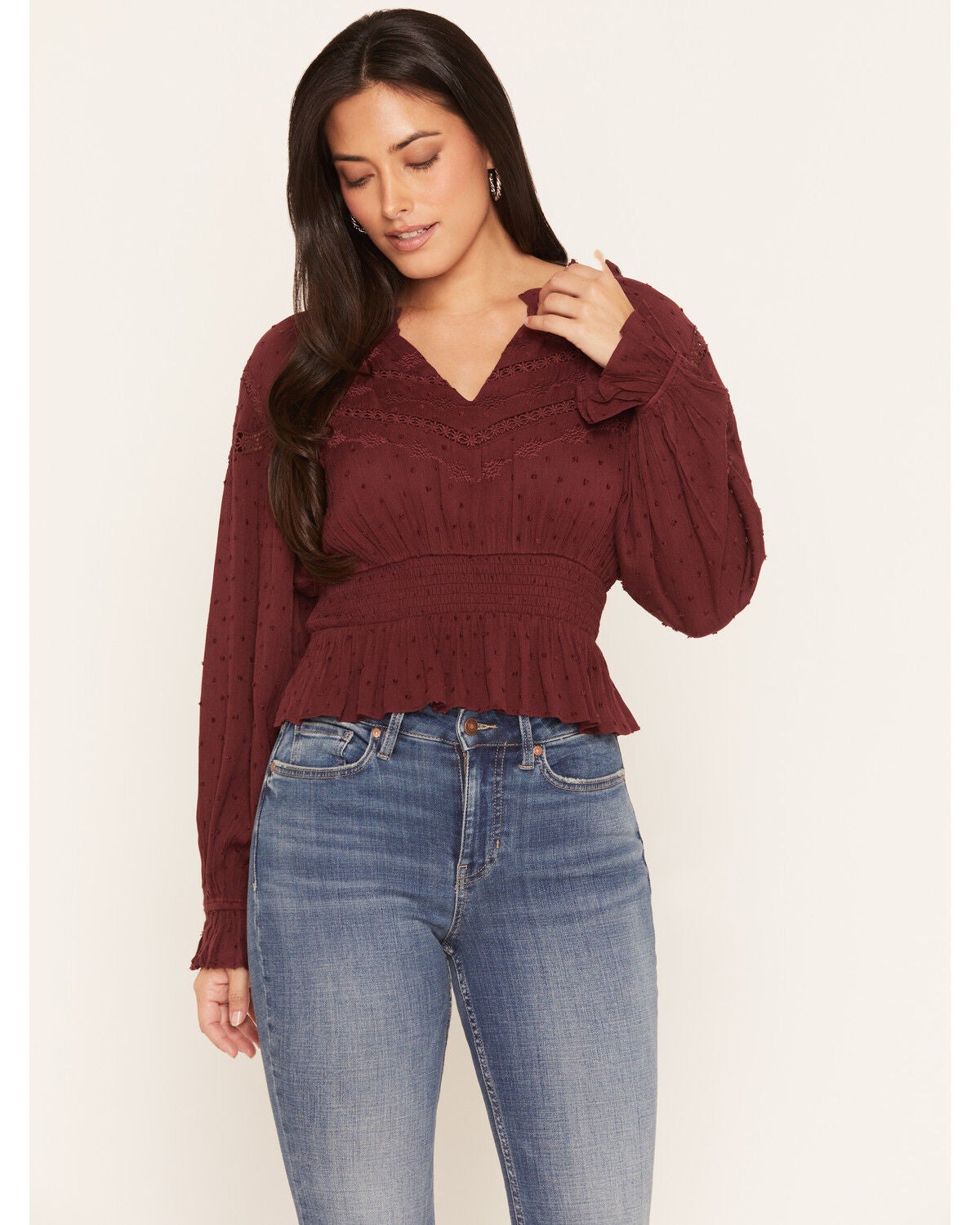 Miss Me Women's Smocked Waist Long Sleeve Blouse, Burgundy, hi-res