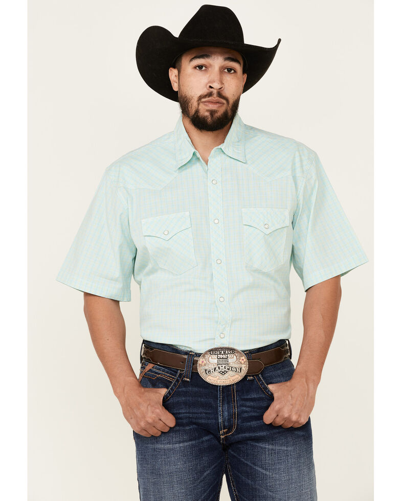 Wrangler 20X Men's Teal Small Plaid Short Sleeve Snap Western Shirt , Teal, hi-res