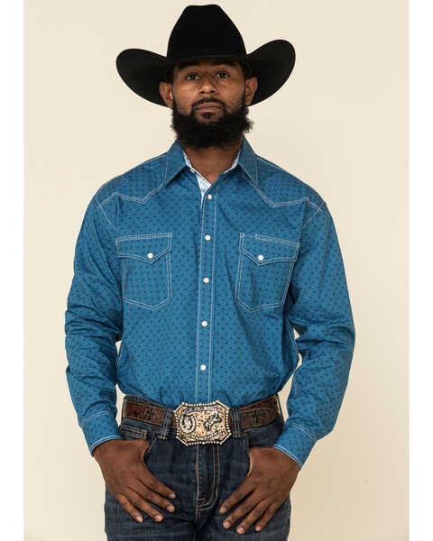 Image #1 - Rough Stock By Panhandle Men's Los Nietos Geo Print Long Sleeve Western Shirt , Blue, hi-res
