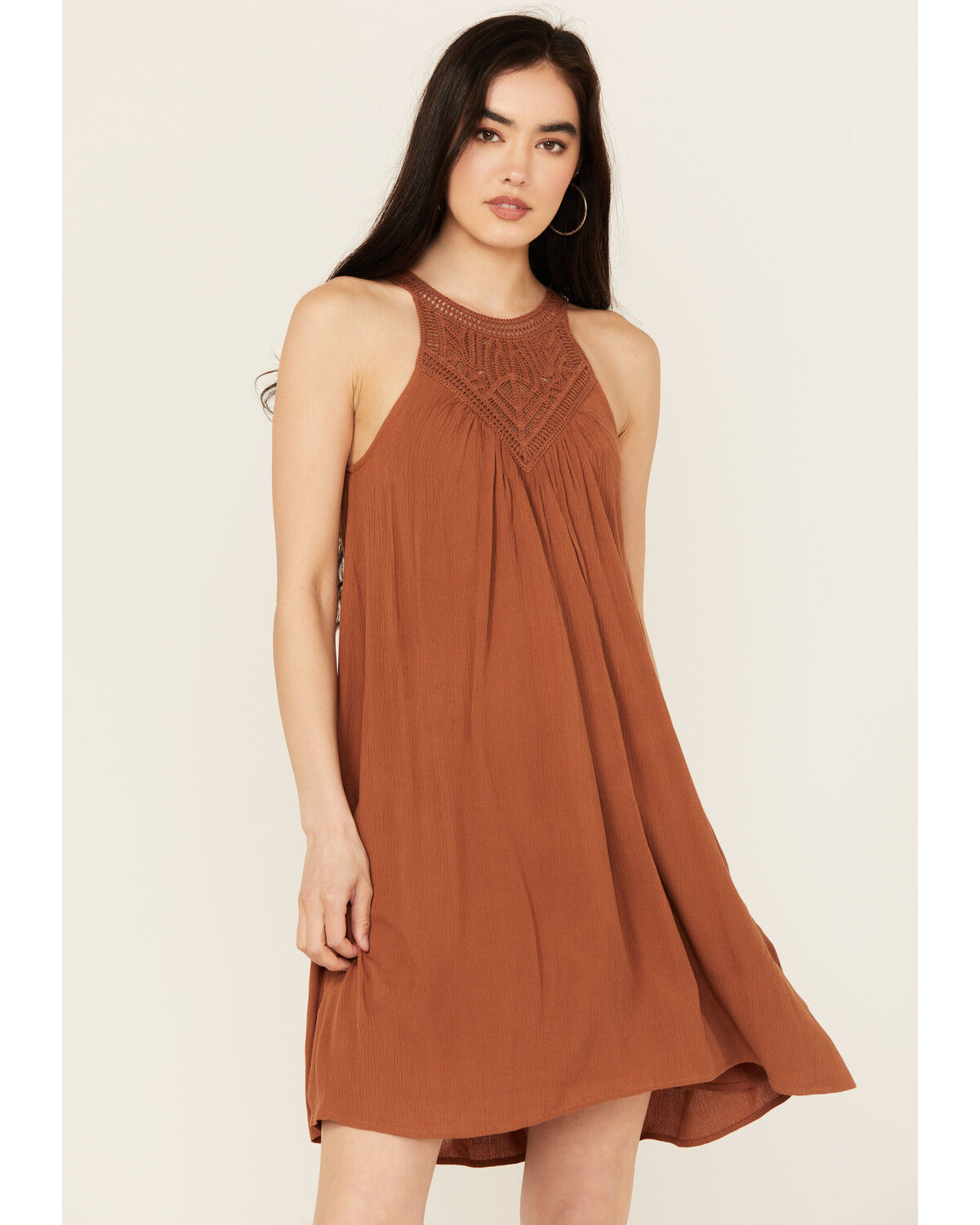 Image #1 - Shyanne Women's Crochet Yoke Crinkle Mini Dress, Caramel, hi-res