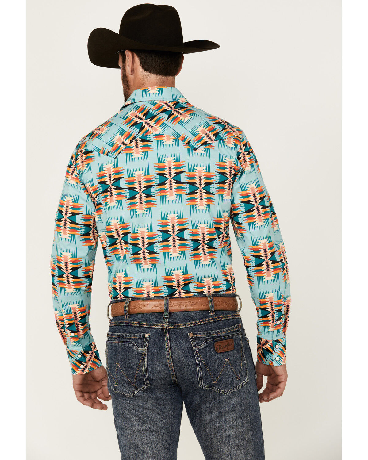 Image #4 - Rock & Roll Denim Men's Southwestern Print Long Sleeve Snap Stretch Western Shirt, Teal, hi-res