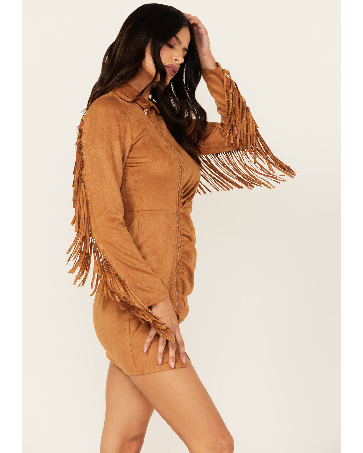 Image #2 - Mainstrip Women's Faux Suede Long Sleeve Fringe Dress, , hi-res