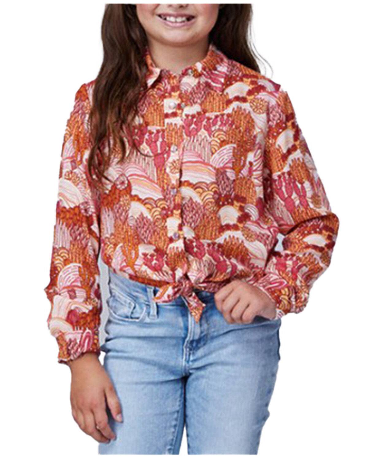 Image #1 - Roper Girls' Cactus Print Long Sleeve Snap Western Shirt, Pink, hi-res
