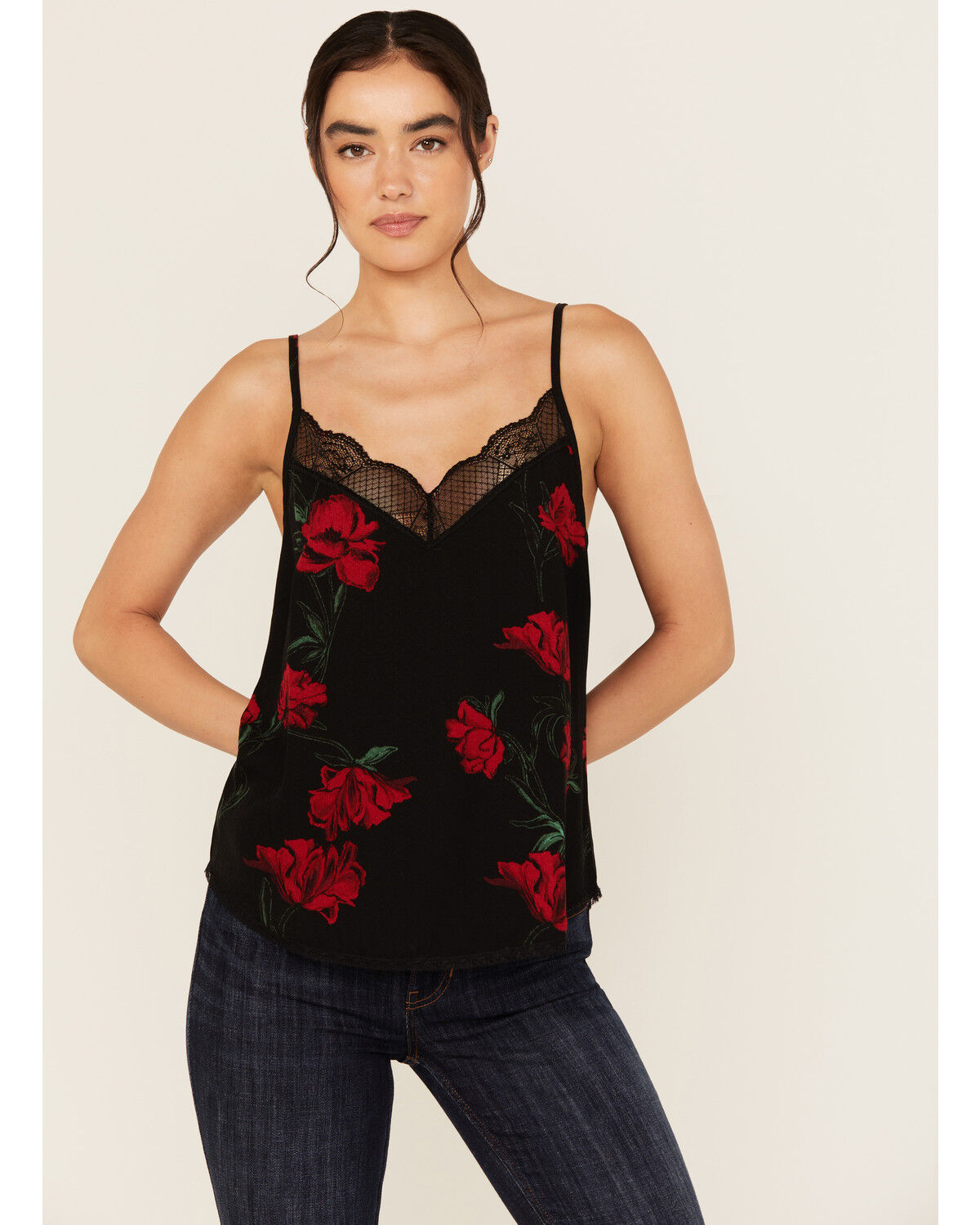 Image #1 - Idyllwind Women's Chase Floral Print Lace Trim Cami Tank, Black, hi-res