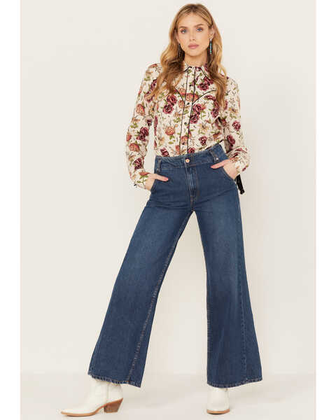 Rock & Roll Denim Women's Fringe Floral Long Sleeve Western Shirt, Cream, hi-res