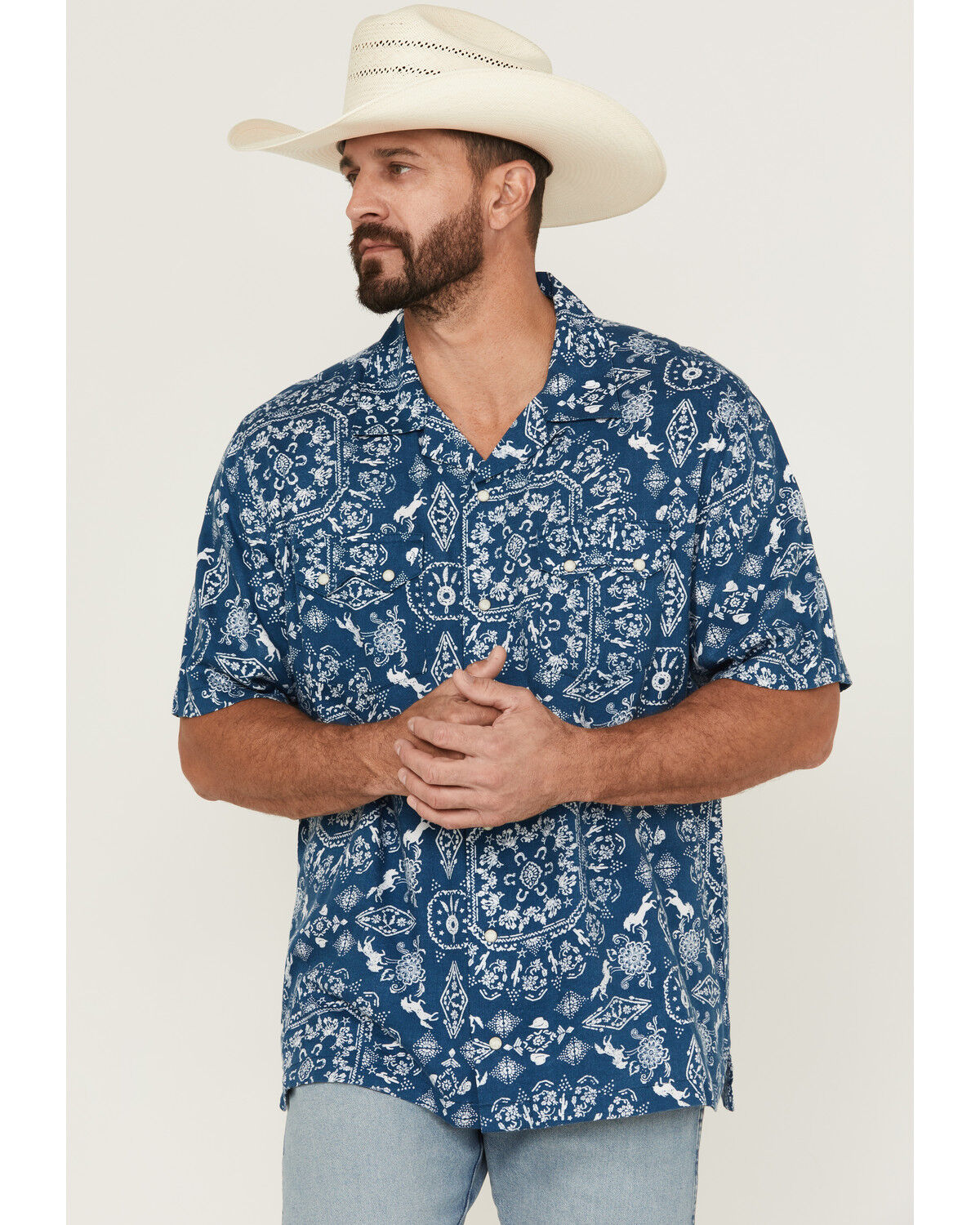Image #1 - Wrangler Men's Western Print Short Sleeve Snap Western Shirt, Blue, hi-res