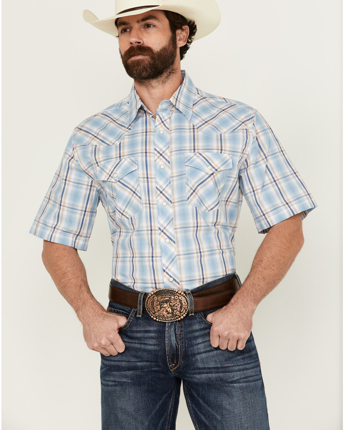 Image #1 - Wrangler 20X Men's Advanced Comfort Plaid Print Short Sleeve Snap Stretch Western Shirt, Blue, hi-res