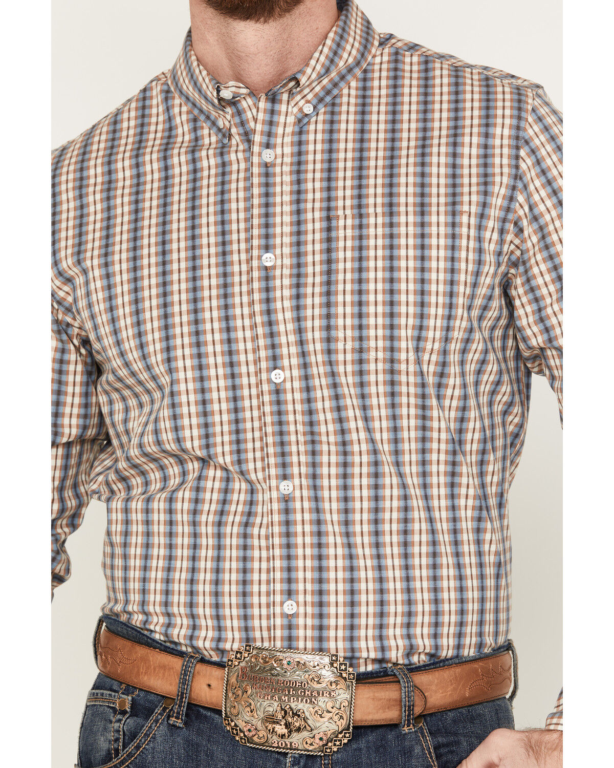Image #3 - Cody James Men's Hayfield Plaid Print Long Sleeve Button Down Stretch Western Shirt - Tall, Oatmeal, hi-res