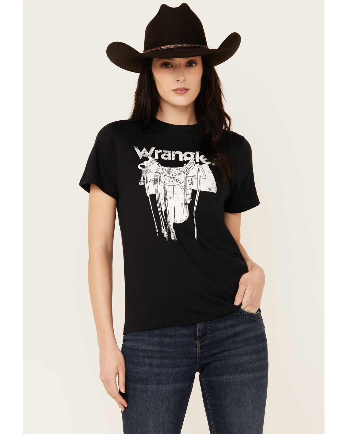 Image #1 - Wrangler Women's Saddle Short Sleeve Graphic Tee, Black, hi-res