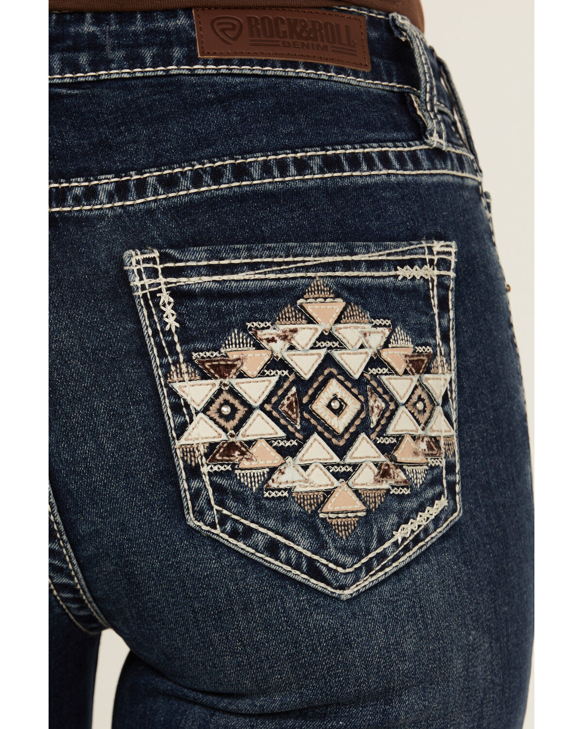 Image #2 - Rock & Roll Denim Women's Dark Wash Mid Rise Geo Pocket Bootcut Stretch Denim Jeans, Dark Wash, hi-res