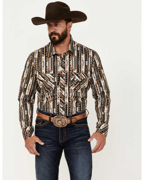 Rock & Roll Denim Men's Southwestern Print Vintage Stretch Western Shirt, Tan, hi-res