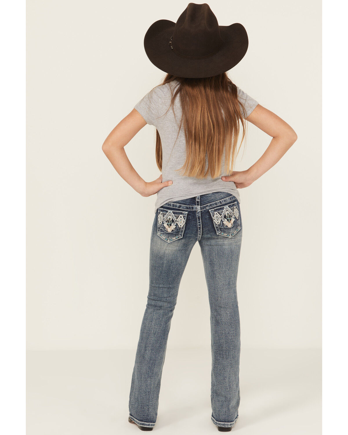 Image #1 - Grace In LA Girls' Chevron Cactus Embroidered Bootcut Stretch Denim Jeans, Blue, hi-res