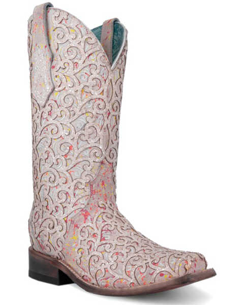 Corral Women's Glitter Overlay Neon Blacklight Western Boots - Square Toe , White, hi-res