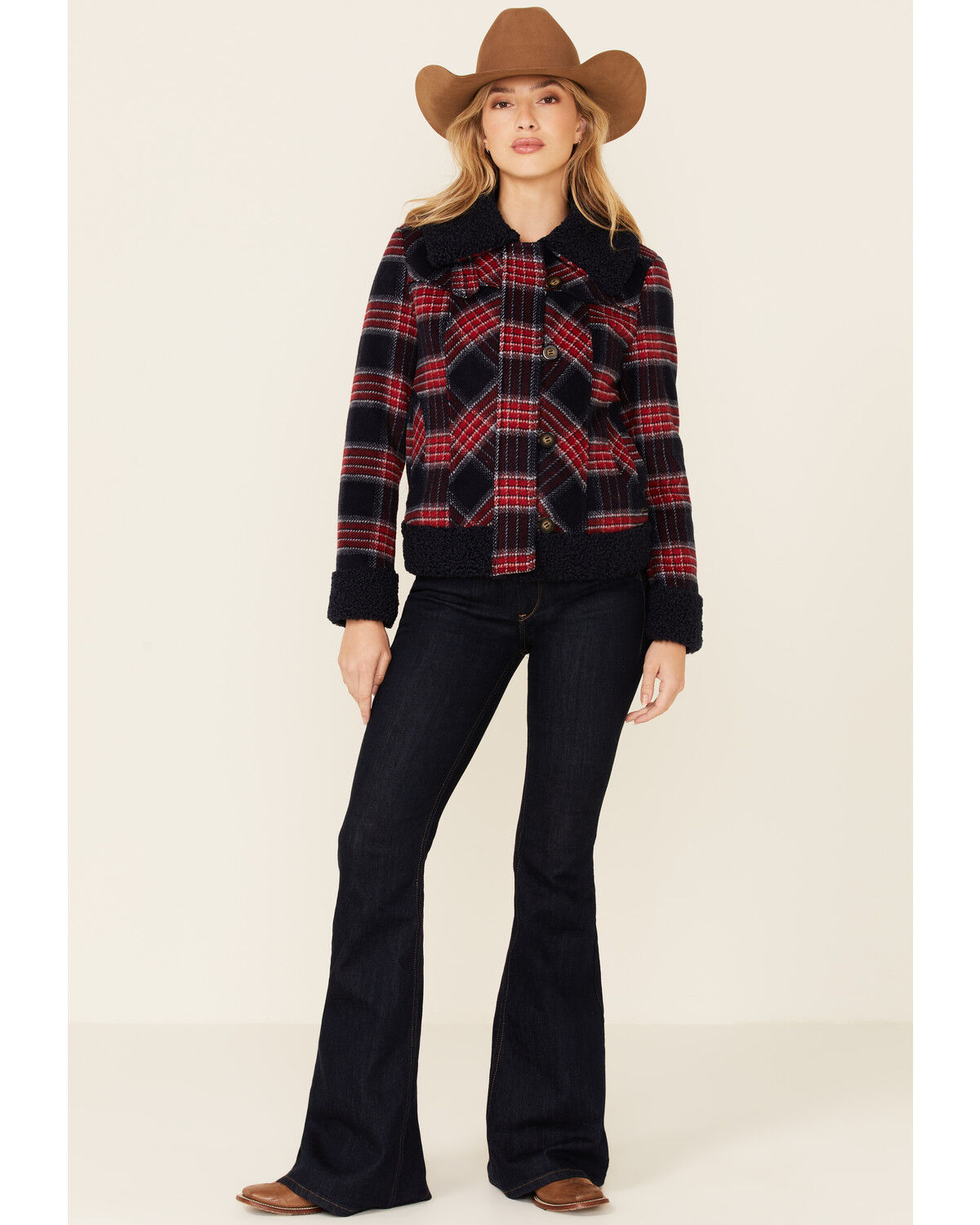 Image #2 - Powder River Outfitters Women's Red & Navy Plaid Button-Front Wool Sherpa Coat, Red, hi-res