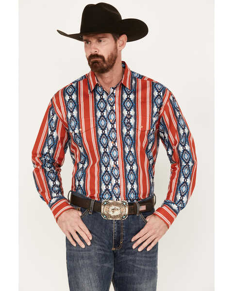 Wrangler Men's Southwestern Print Long Sleeve Pearl Snap Western Shirt, Red, hi-res