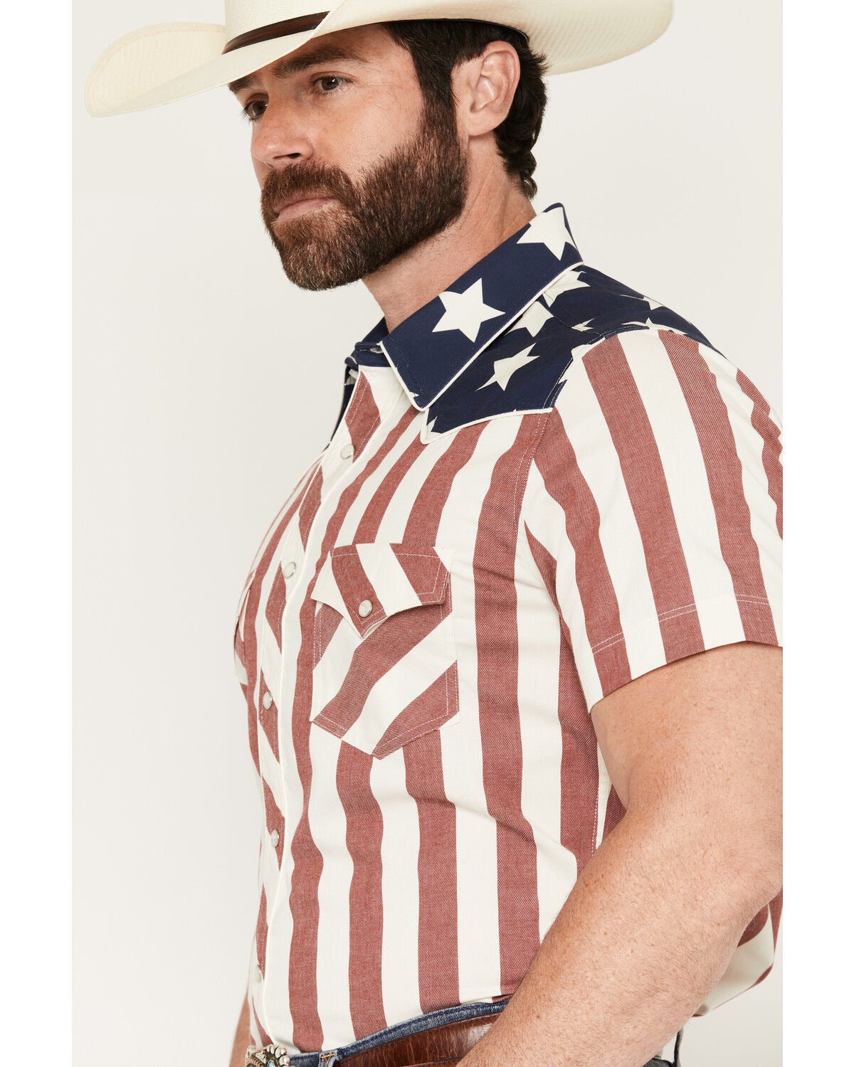 Image #2 - Rock & Roll Denim Men's Boot Barn Exclusive Stars & Stripes Short Sleeve Snap Stretch Western Shirt, Red, hi-res