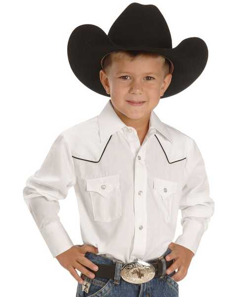 Image #1 - Ely Boys' Solid Long Sleeve Pearl Snap Western Shirt , White, hi-res