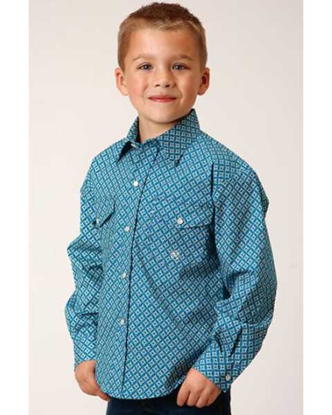 Roper Boys' Geo Print Long Sleeve Pearl Snap Western Shirt, Turquoise, hi-res