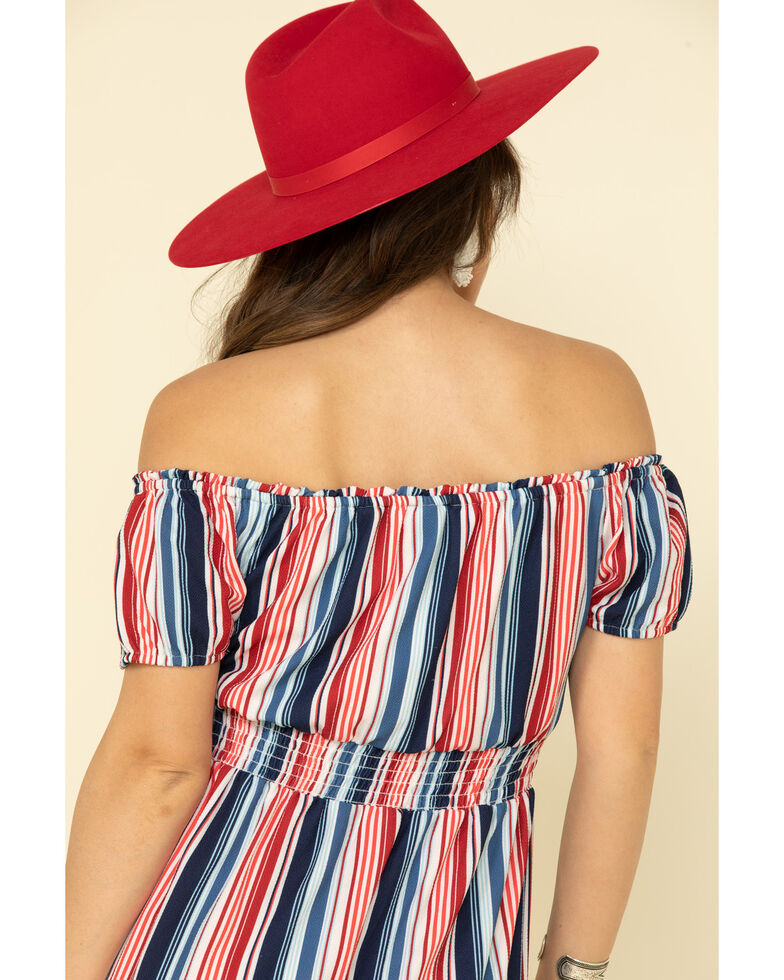 Rock & Roll Denim Women's Stripe Off The Shoulder Dress, Red/white/blue, hi-res