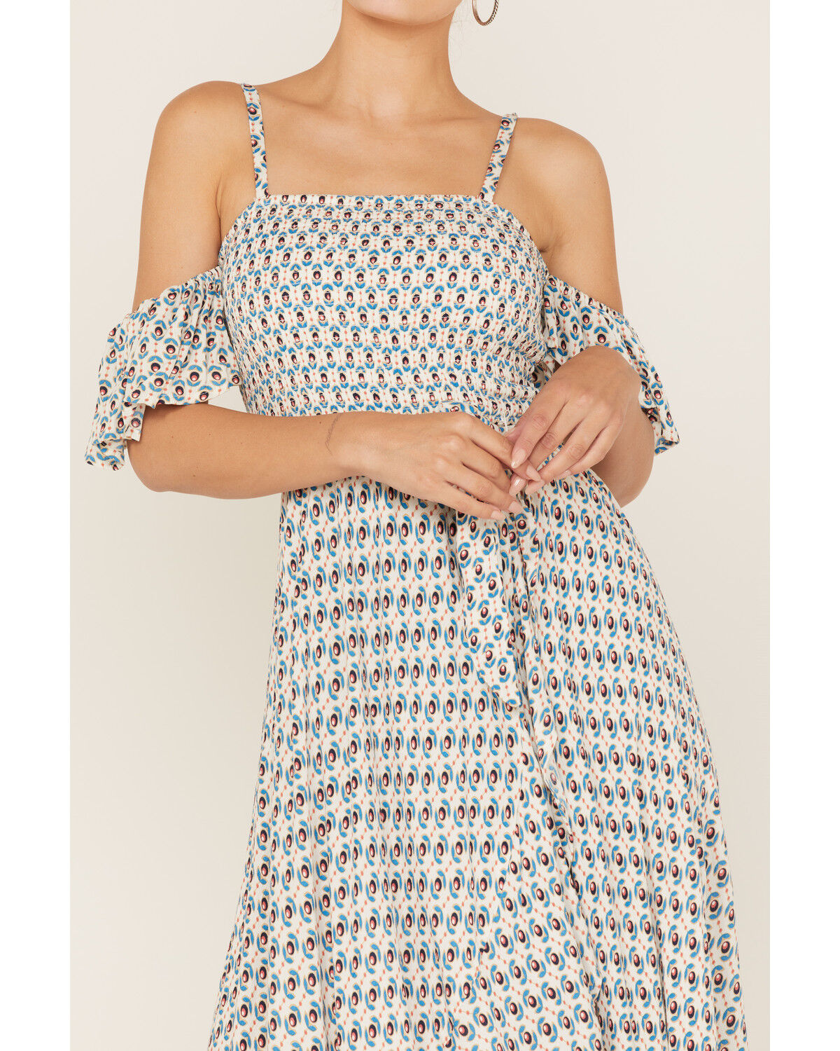 Image #3 - Band of the Free Women's Prism Geo Print Off Shoulder Smocked Wrap Midi Dress, Blue, hi-res