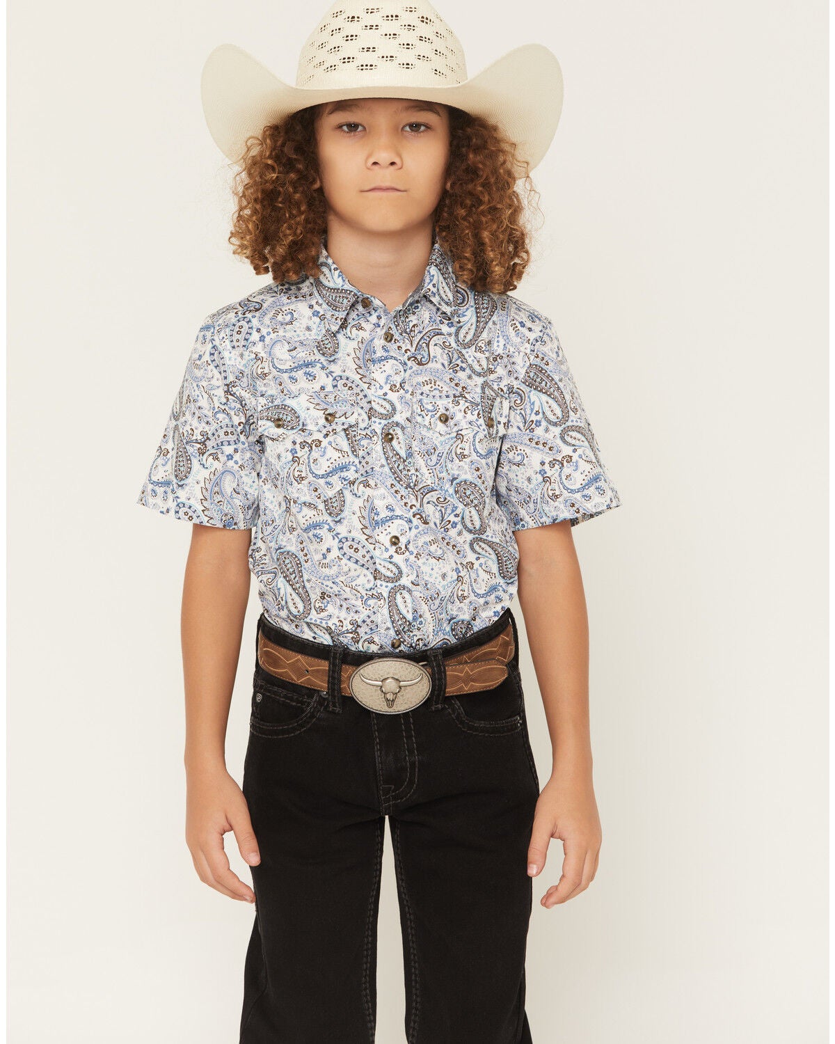 Cody James Boys' Ryder Paisley Print Short Sleeve Snap Western Shirt, Cream, hi-res