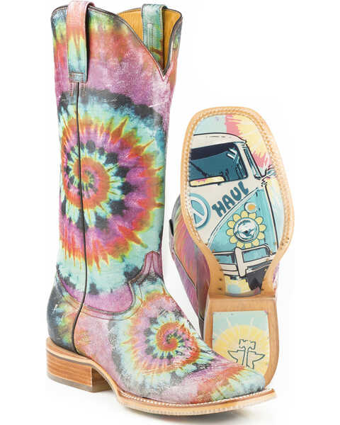 Tin Haul Women's Groovy with Tie Dye Camper Sole Western Boots - Square Toe, Blue, hi-res