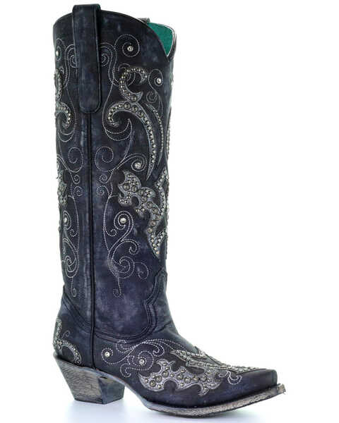 Image #1 - Corral Women's Tall Studded Overlay & Crystals Western Boots - Snip Toe, Black, hi-res