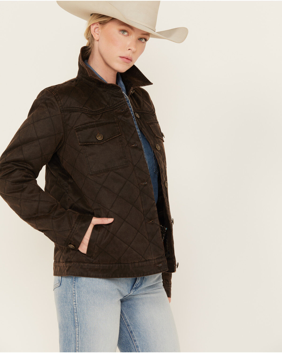 Image #2 - Shyanne Women's Quilted Faux Oil Skin Jacket, Medium Brown, hi-res