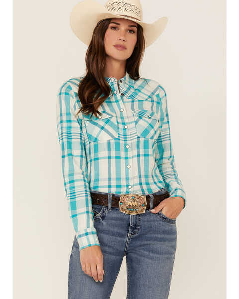 Rank 45 Women's Plaid Long Sleeve Snap Riding Western Shirt, Turquoise, hi-res