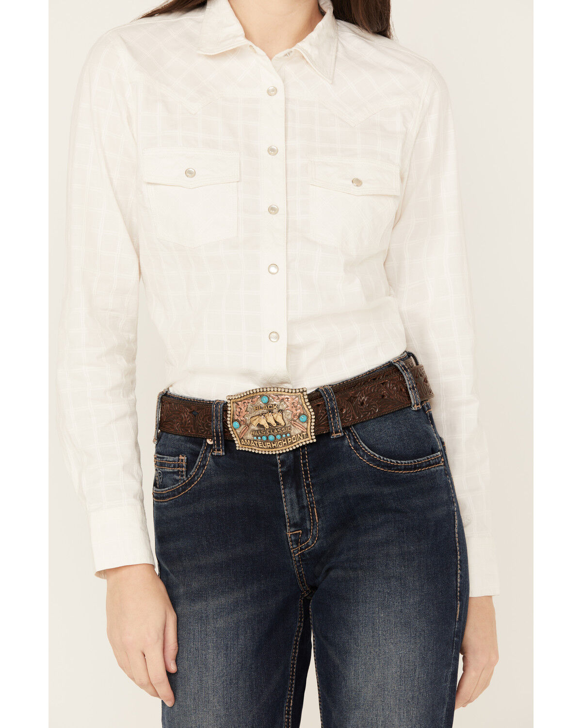 Image #3 - RANK 45® Women's Textured Long Sleeve Pearl Snap Western Riding Shirt, White, hi-res