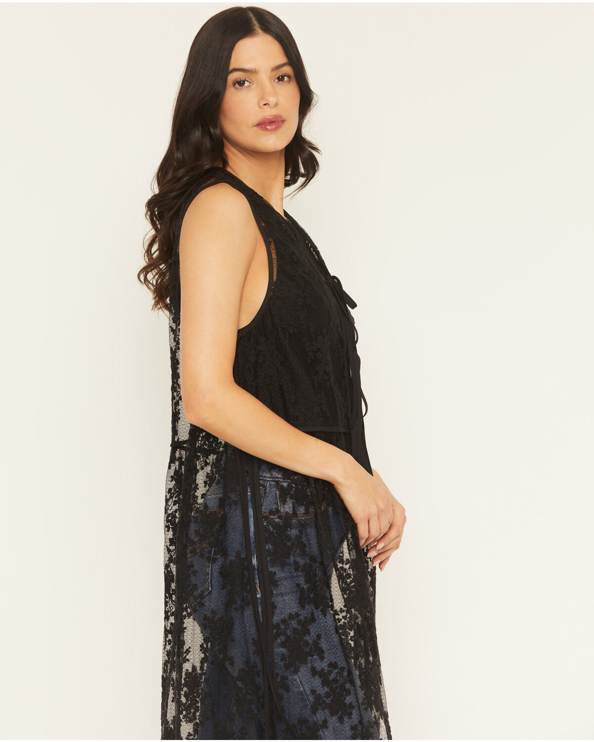 Image #2 - Listicle Women's Sleeveless Floral Lace Tie Front Kimono, Black, hi-res
