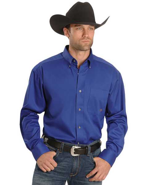 Ariat Men's Blue Solid Twill Oxford Long Sleeve Western Shirt - Big & Tall , Blue, hi-res