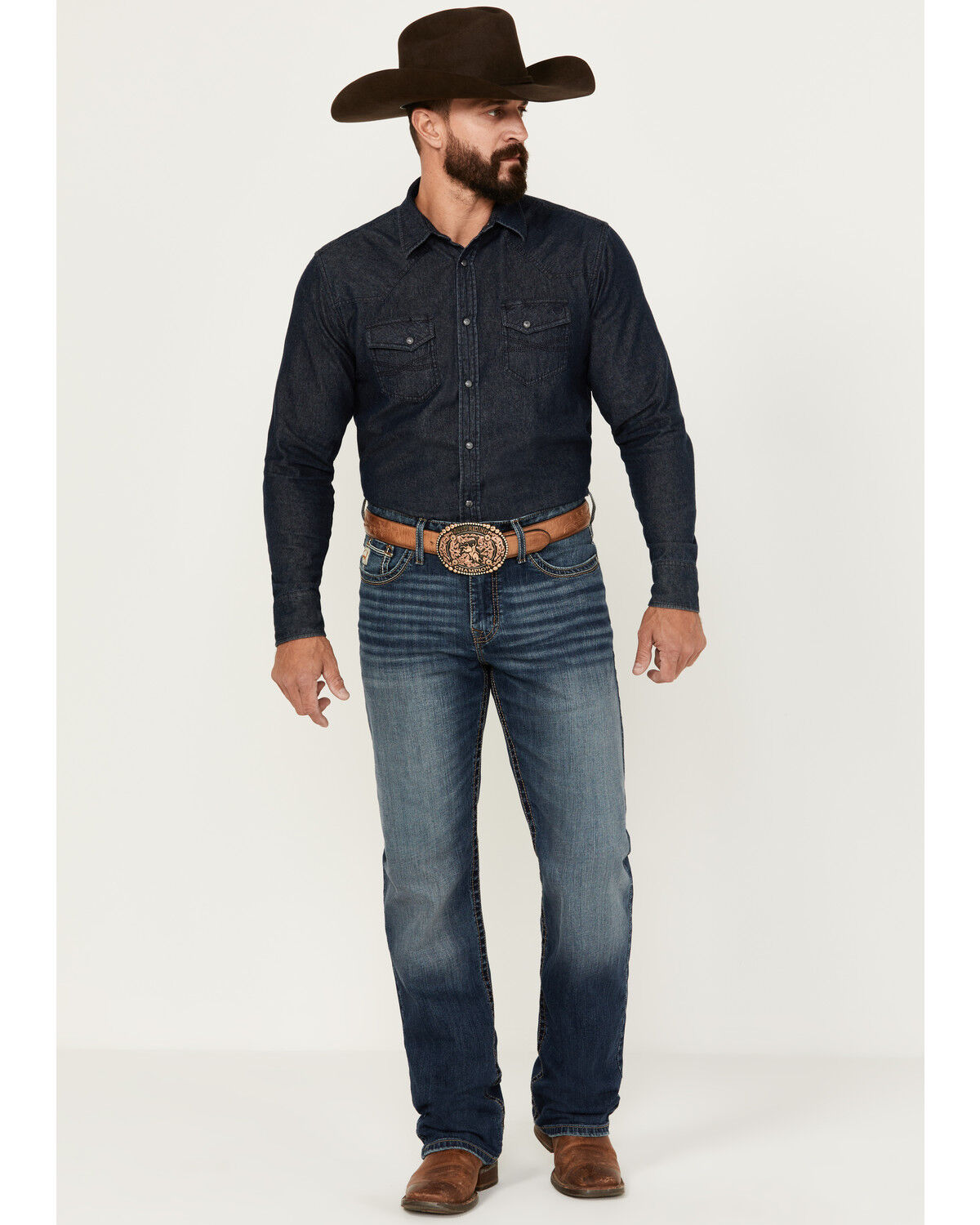 Image #1 - Cinch Men's Grant Dark Stonewash Performance Stretch Relaxed Boot Denim Jeans, Indigo, hi-res