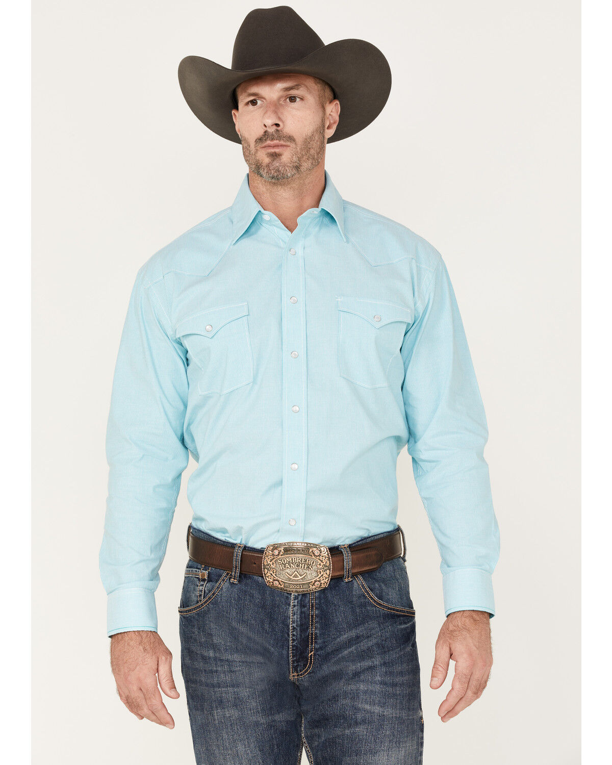 Image #1 - Rough Stock by Panhandle Men's Micro Stripe Stretch Long Sleeve Pearl Snap Shirt, Turquoise, hi-res