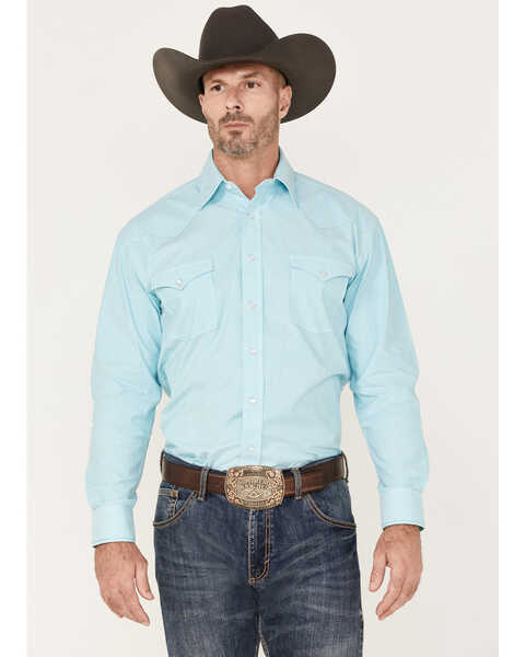 Rough Stock by Panhandle Men's Micro Stripe Stretch Long Sleeve Pearl Snap Shirt, Turquoise, hi-res