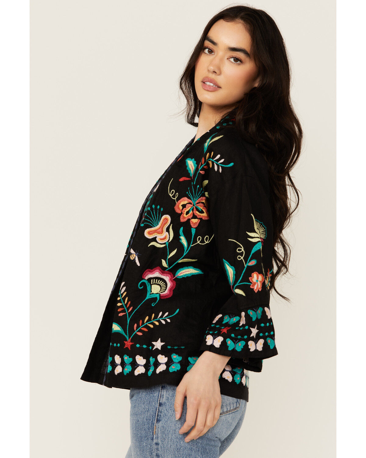 Image #2 - Johnny Was Women's Embroidered Cropped Kimono, Black, hi-res