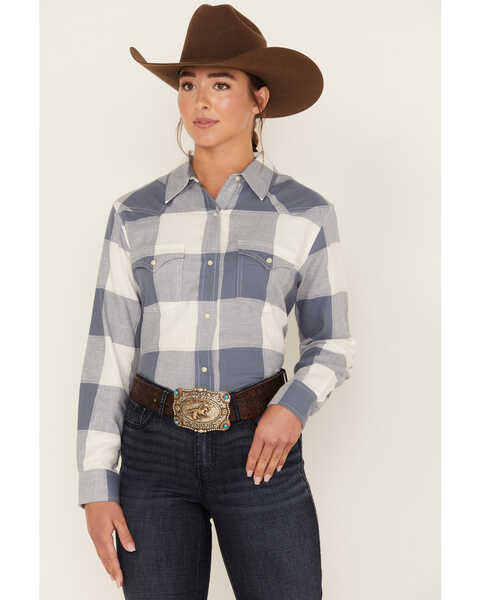 Image #1 - Wrangler Women's Buffalo Check Print Long Sleeve Western Flannel Snap Shirt, Blue/white, hi-res