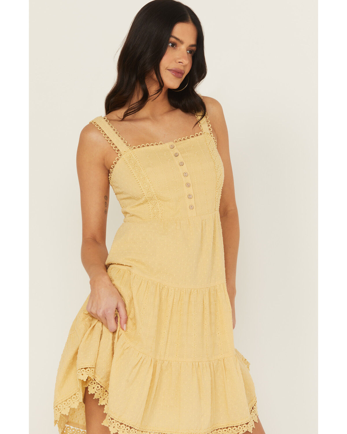 Image #2 - Miss Me Women's Eyelet Tiered Mini Dress, Yellow, hi-res