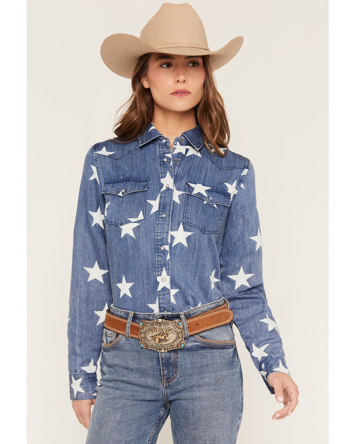 Image #1 - Shyanne Women's The Stars Long Sleeve Snap Denim Shirt, Light Wash, hi-res