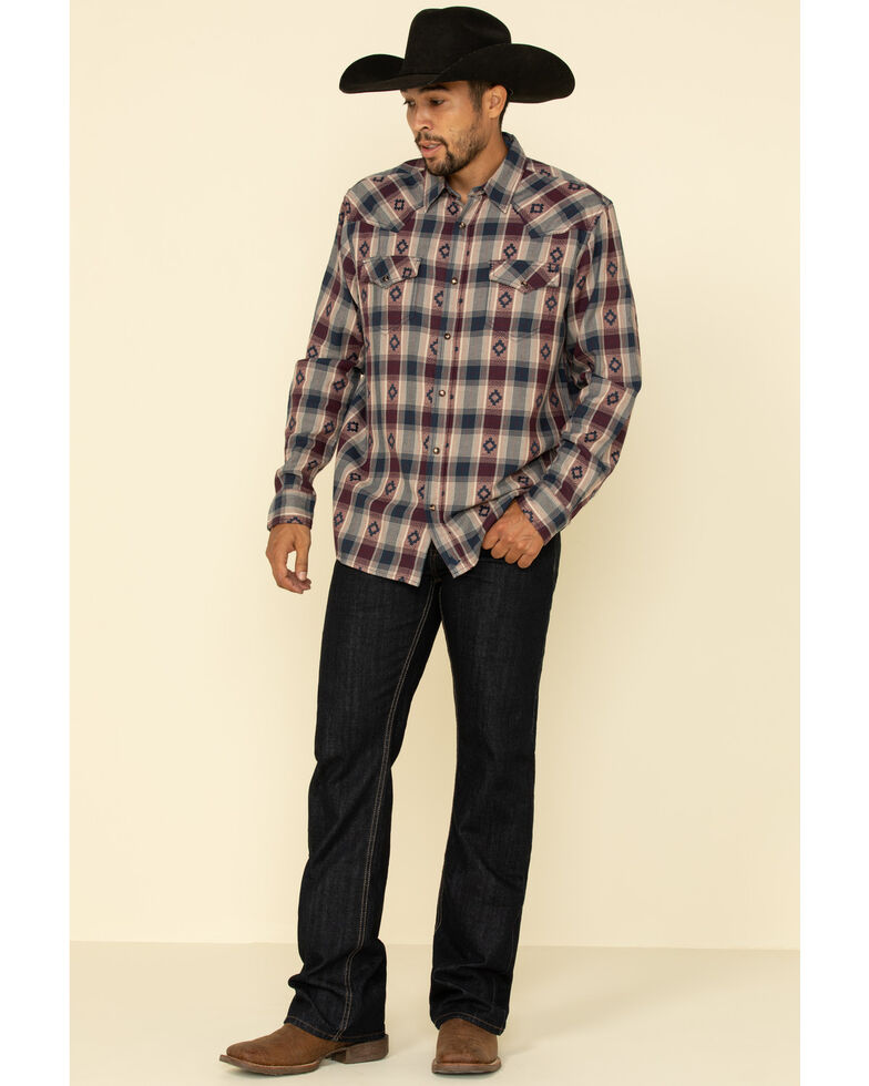 Cody James Men's High Plains Dobby Plaid Long Sleeve Western Flannel Shirt , Burgundy/navy, hi-res