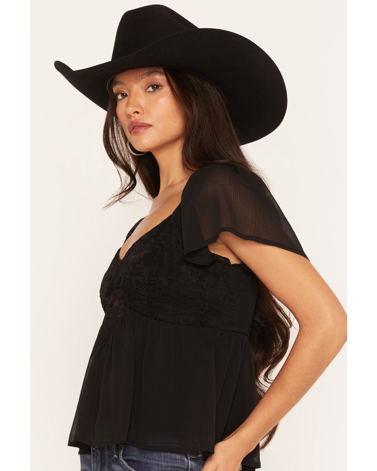 Image #2 - Ash & Violet Women's Short Sleeve Lace Inset Top, Black, hi-res