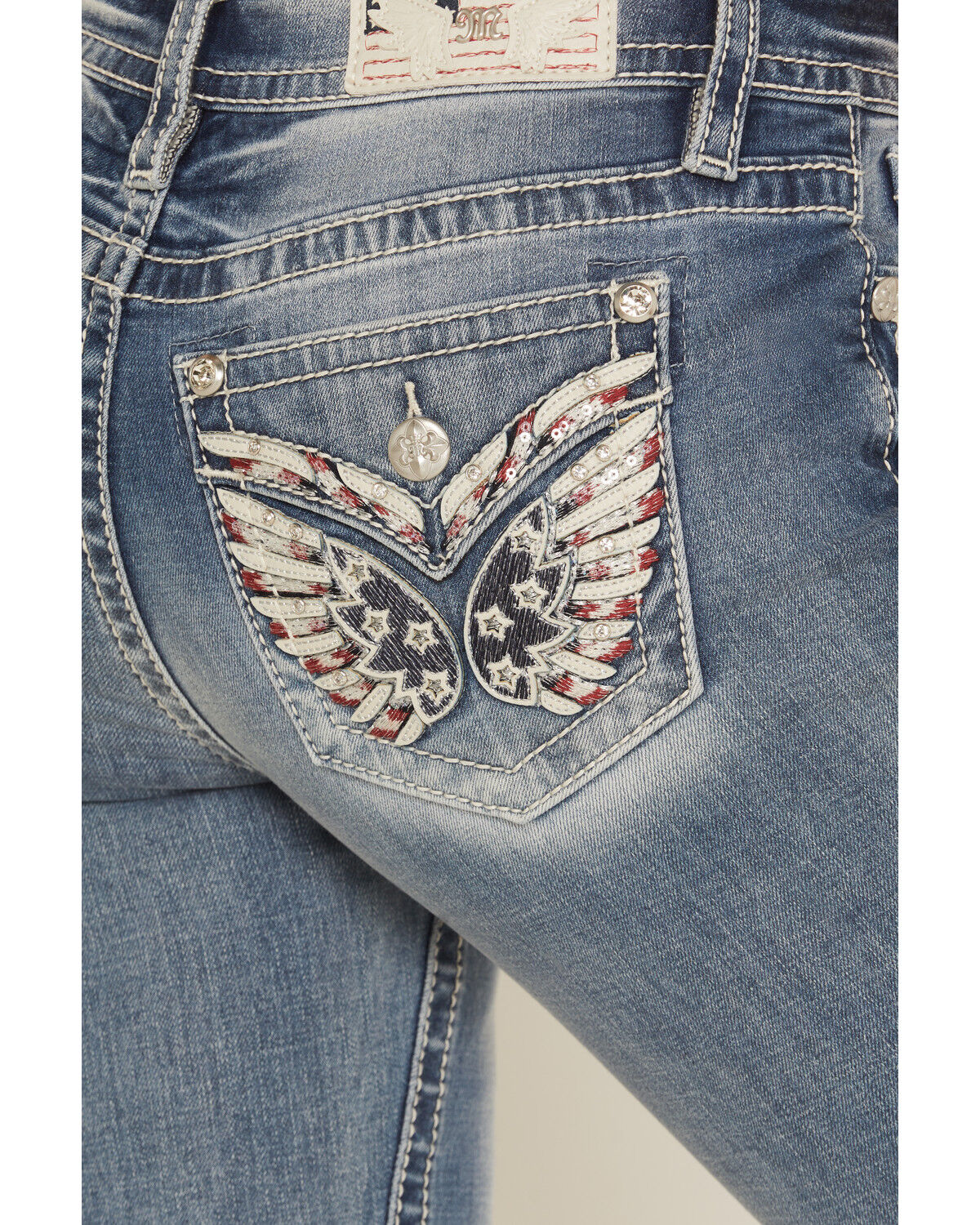 Image #2 - Miss Me Women's Medium Wash Mid Rise Americana Pocket Bootcut Stretch Denim Jeans, Medium Wash, hi-res